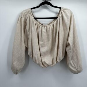 Flat White Blouse Womens Small Taupe Puff Sleeve Peasant Linen Rayon Top FT347L